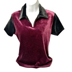 AX Armani Exchange Velvet Short Top Burgundy Black Short Sleeve Collared Shirt S